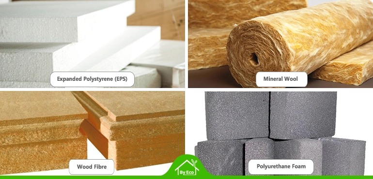 Various types of external wall insulation materials including Expanded Polystyrene, Mineral Wool, Wood Fibre, and Polyurethane Foam, labeled and displayed for comparison.