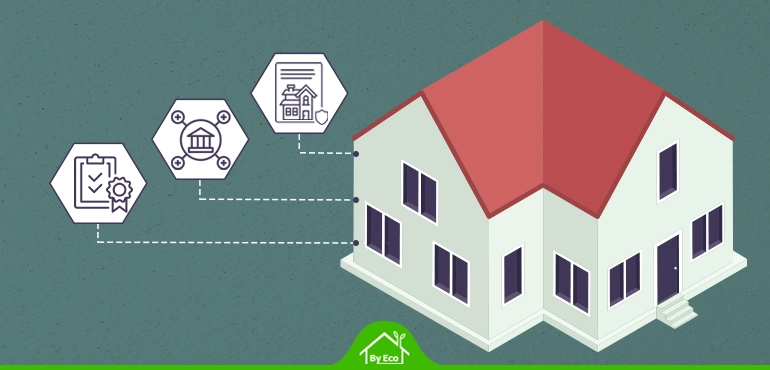 Illustration depicting insulation standards and regulations for UK homes, highlighting compliance, certification, and government schemes.