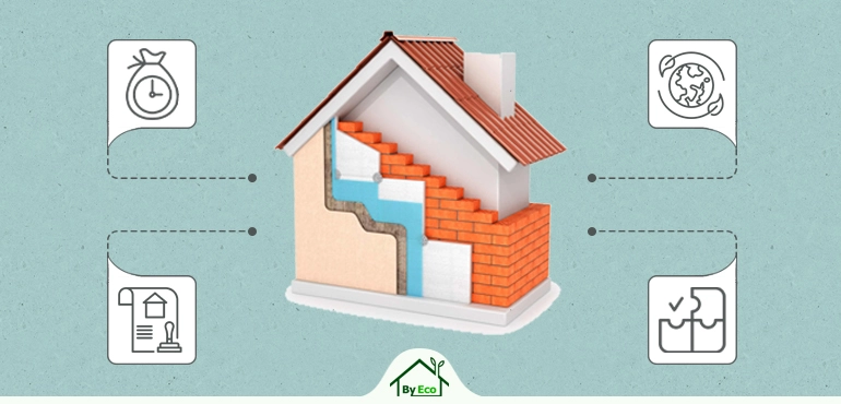 Diagram of a house showcasing various external wall insulation layers, emphasizing key considerations such as cost, environmental impact, and compliance with building regulations.