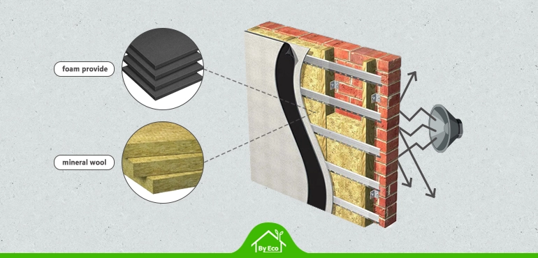 Internal wall insulation materials foam and mineral wool for acoustic insulation