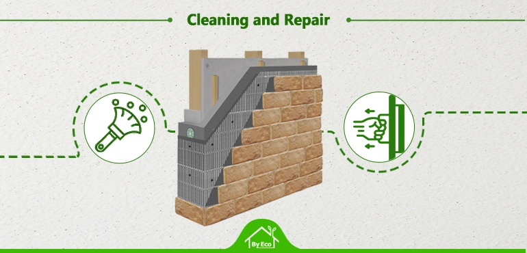 Illustration of cleaning and repair for external wall insulation maintenance