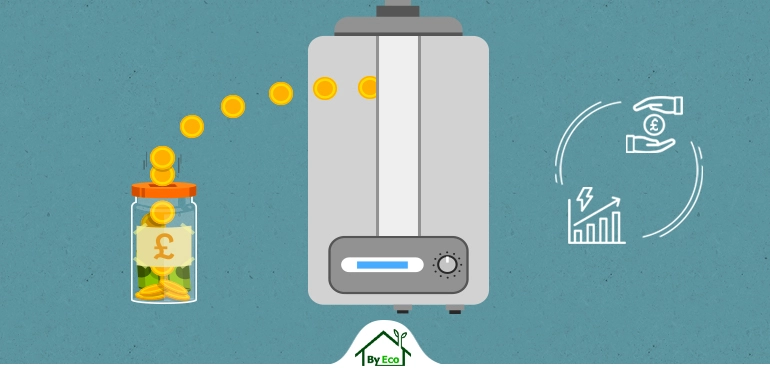 Illustration of saving money with an energy-efficient electric combi boiler, featuring a coin jar and boiler image