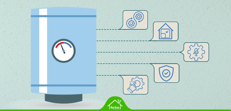 Illustration of electric combi boiler with features and benefits icons