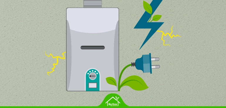 Eco-friendly electric boiler with energy-efficient design and green energy plug illustration