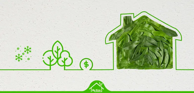 Graphic of a green house outline filled with leaves, symbolizing eco-friendly and cost-effective housing.